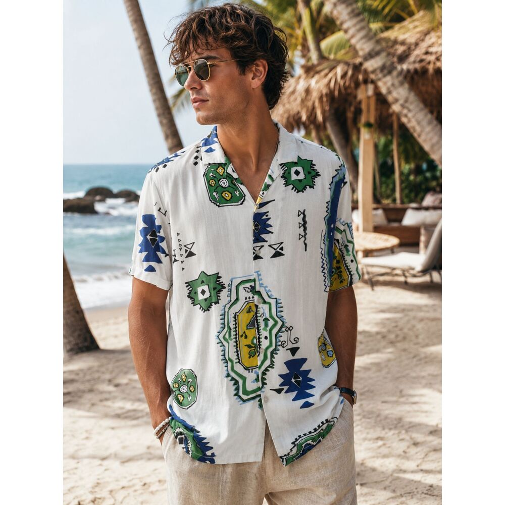 Denim & Flower Ricky Singh Aztec Camp Shirt White XL Short Sleeve Button Up